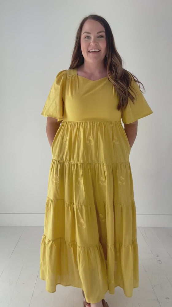 Lucia Embroidered Dress in Mustard