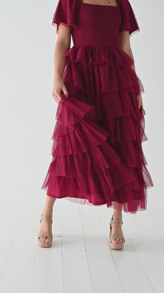 Eloise Tiered Ruffle Dress in Wine