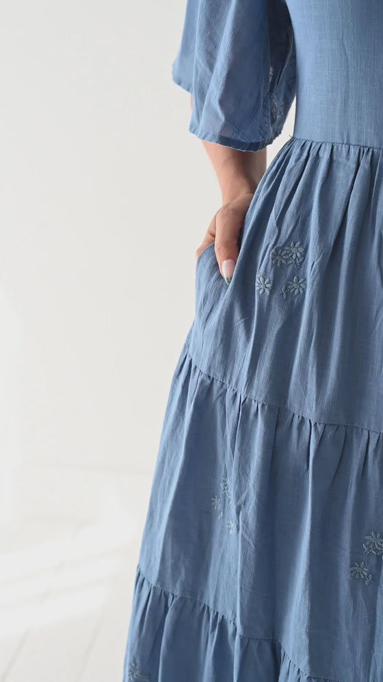 Lucia Embroidered Dress in Dusty Blue