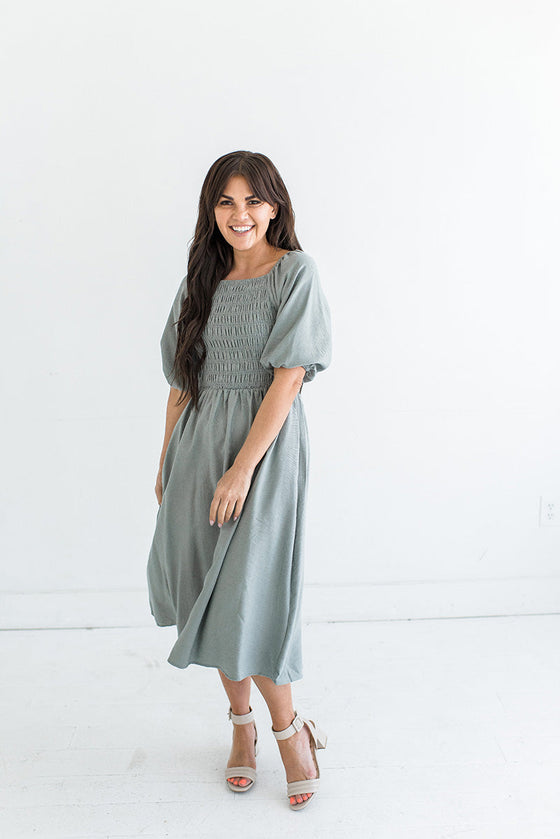Letty Smocked Dress in Sage