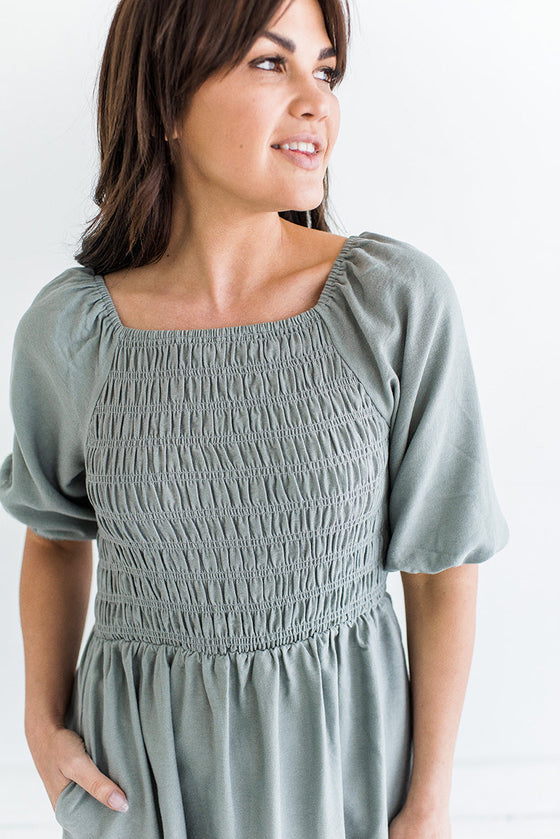 Letty Smocked Dress in Sage