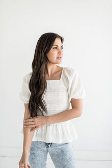  Mae Smocked Top in White - Size Large Left