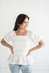 Mae Smocked Top in White - Size Large Left