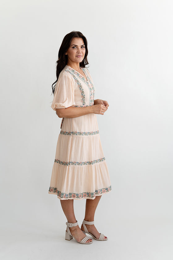 Valencia Embroidered Dress in Blush - Size Small Left