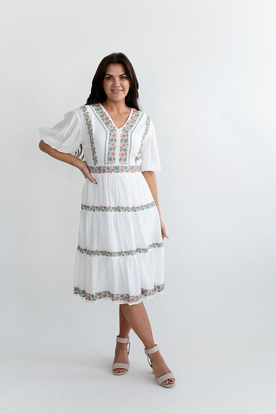 Valencia Embroidered Dress in Ivory