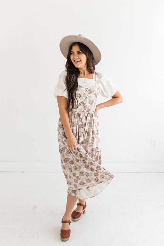 Macey Printed Overall Dress in Natural/Rust